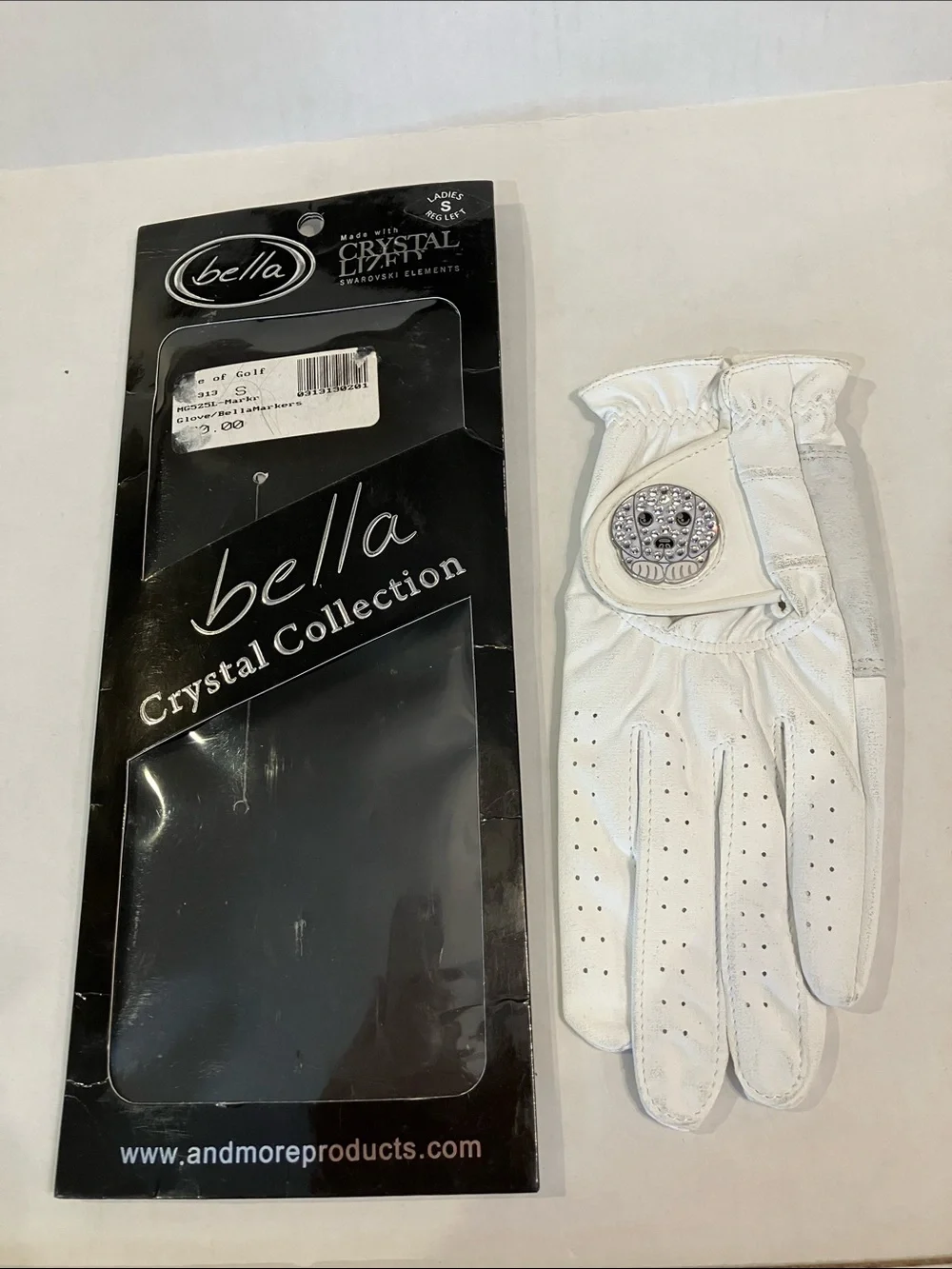Bella brand white  Ladies Golf Glove with Swarovski Crystal Emblem